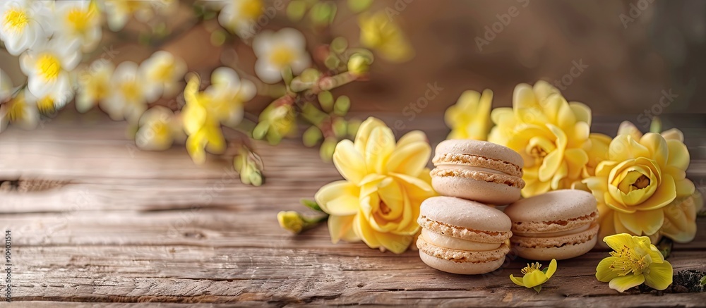 Poster yellow flowers and macaroons on a wooden backdrop create a charming scene with copy space image