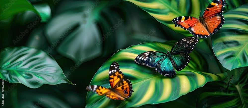 Poster In the garden colorful butterflies are resting on vibrant green leaves in a macro shot creating a beautiful copy space image