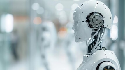 Side view of humanoid robot in futuristic lab. Artificial intelligence and robotics technologies concept.