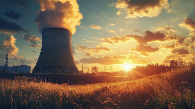 Atomkraftwerk am Abend mit  Sonnenuntergang