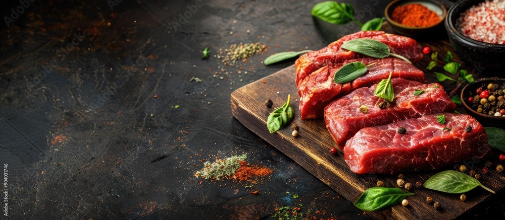 Poster Red veal meat slices displayed on a wooden board accompanied by various spices in a copy space image