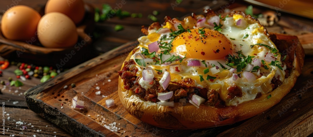 Poster front view of a papa rellena peruvian dish on a wooden board with meat egg and onion ready to eat wi