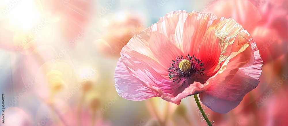 Poster close up of a vibrant pink poppy in full bloom against a sunny backdrop with copy space image