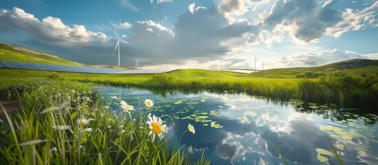 Scenic natural landscape with green fields wind turbines and solar panels reflecting the cloudy sky offering copy space image