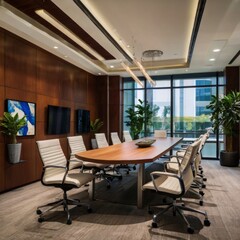 Modern conference room featuring a large wooden table and ergonomic chairs, illuminated by soft lighting and greenery accents.