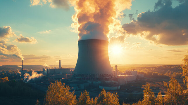 Atomkraftwerk am Abend mit  Sonnenuntergang