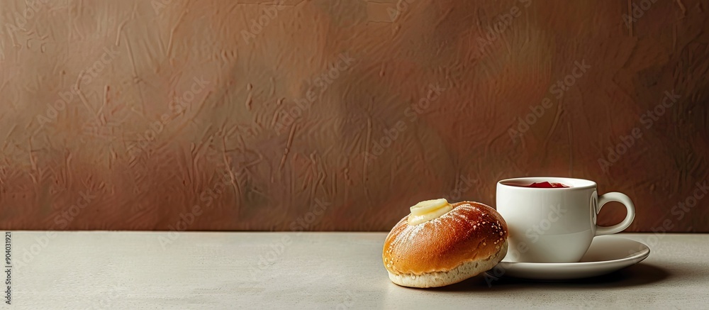 Poster Enjoy a classic breakfast scene with a cup of coffee with milk a bun spread with butter and jam featured against a delightful copy space image