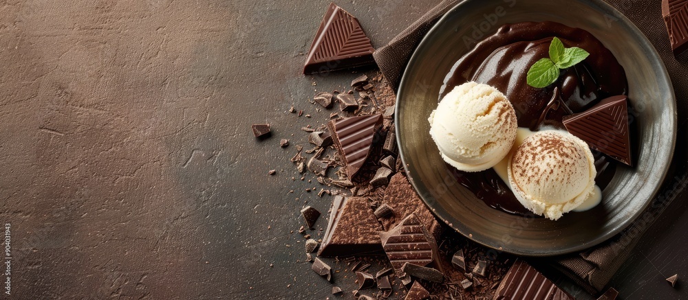 Poster decadent chocolate lava served with creamy vanilla ice cream on a plate with an alluring copy space 