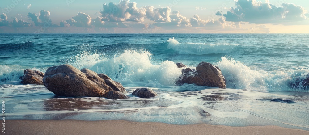 Poster Scenic view of rocks waves and coastline on a beach with a wide copy space image