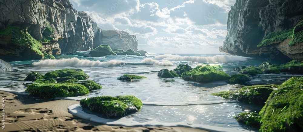 Poster a scenic coastal view featuring moss covered rocks and gentle waves reaching the shore ideal for a c