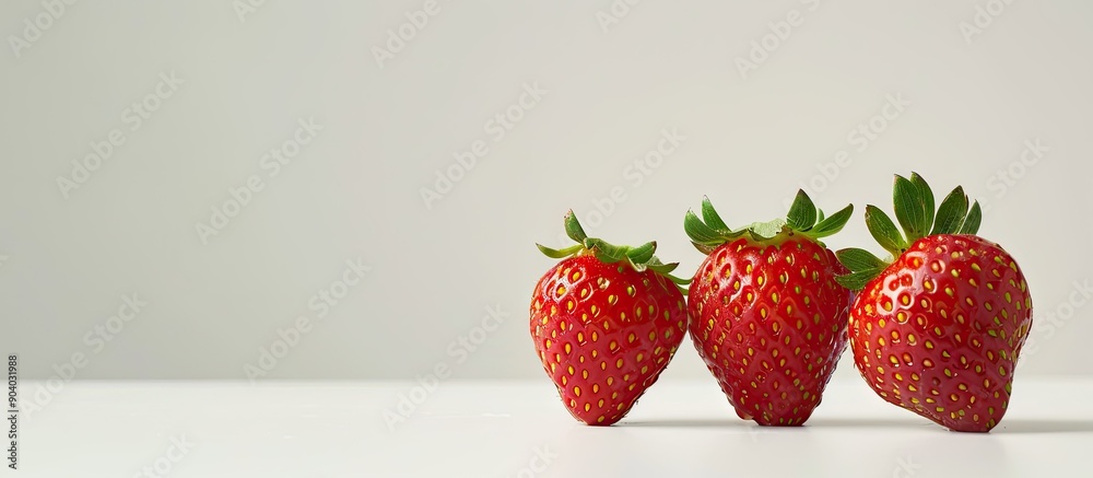 Poster Three red ripe strawberries arranged nicely on a plain white backdrop suitable for a copy space image
