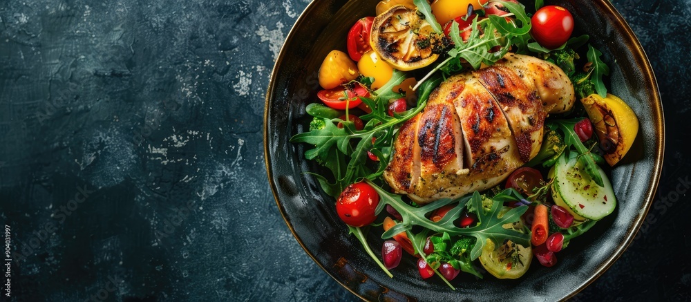 Aufkleber a delicious dish comprising roasted chicken fillet served with assorted vegetables displayed in a co