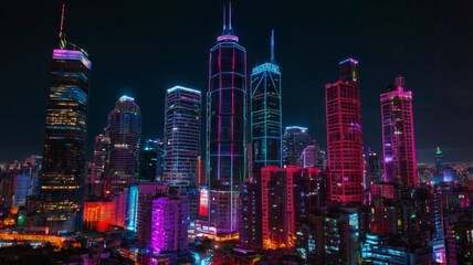 Obraz premium Vibrant night skyline showcasing modern skyscrapers illuminated in neon colors.