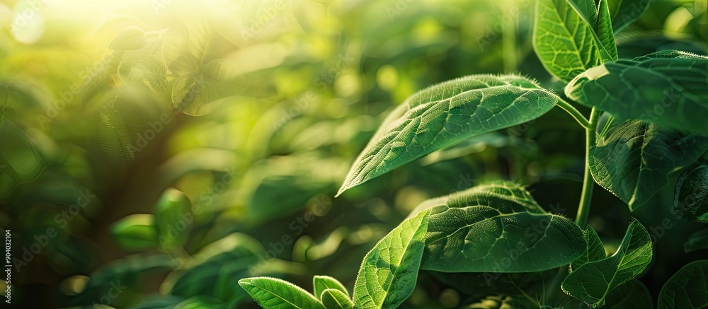 Poster a soybean plant close up in a farm field showcasing concepts like ecology monoculture conservation d