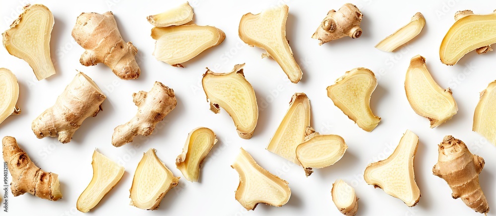 Poster Chopped ginger root pieces set against a white backdrop with a clipping path for the copy space image