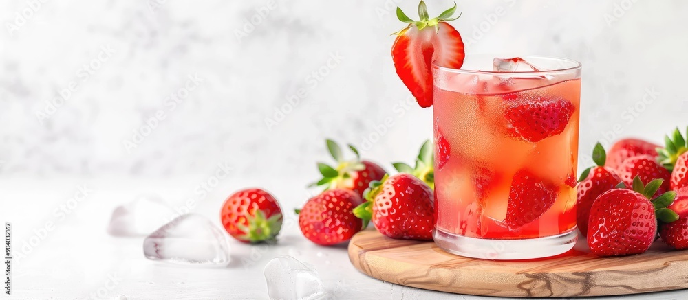 Poster a wooden board topped with a glass of strawberry lemonade set against a white backdrop creating a pi