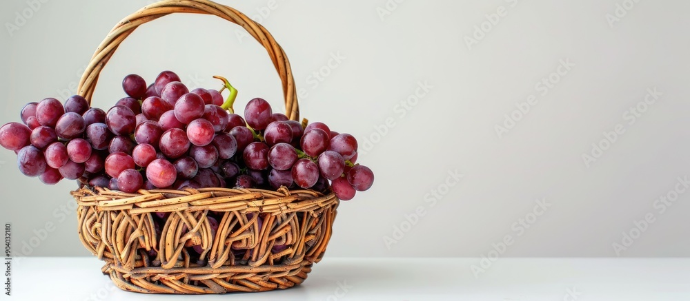 Poster vintage wicker basket filled with red grapes on a white background providing copy space image
