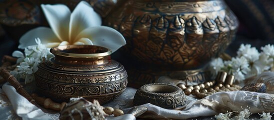Close up of Fijian Indian wedding artifacts with a copy space image included