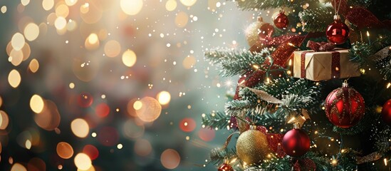 A decorated Christmas tree adorned with gift boxes glitter twinkling lights and glass balls perfect for Christmas and New Year festivities with room for a copy space image