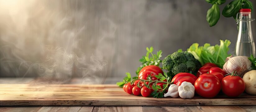 Arranged vegetables on wood board with copy space image