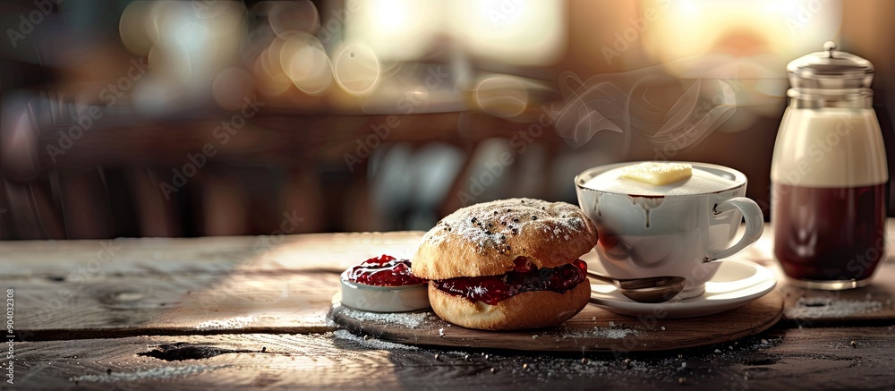 Poster Enjoy a classic breakfast scene with a cup of coffee with milk a bun spread with butter and jam featured against a delightful copy space image