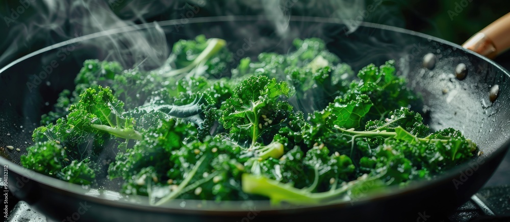 Poster a close up image of simmered kale in a pan on an asian style rural charcoal stove with copy space im