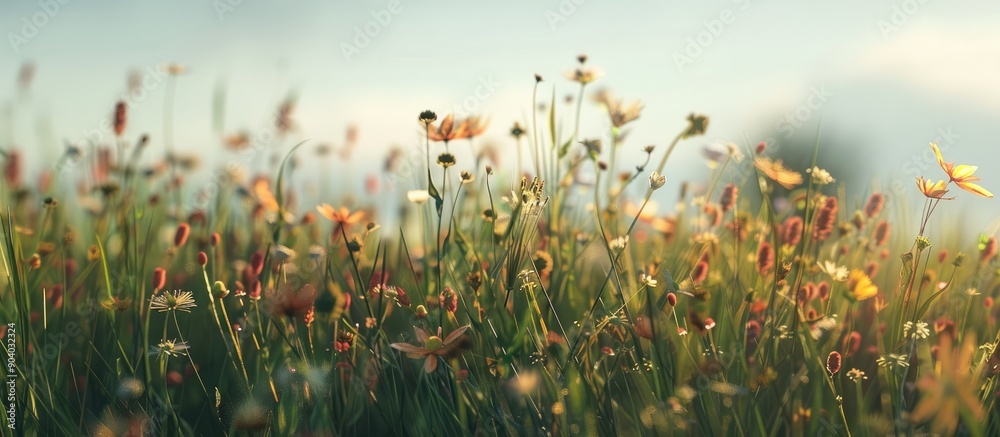 Poster Selective focus captured on wild grass flowers in a field with a Pennabilli background creating a picturesque copy space image