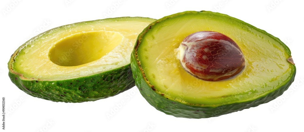 Poster Avocado cut in half showcased on a white background with a clipping path for a clear copy space image