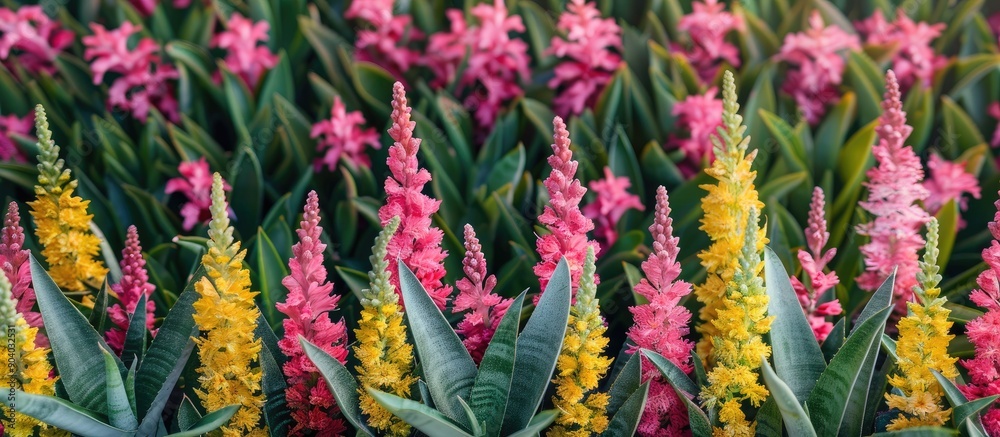 Poster Calandiva plants displayed in rows with pink green and yellow blooms on a plain background for a visually appealing copy space image