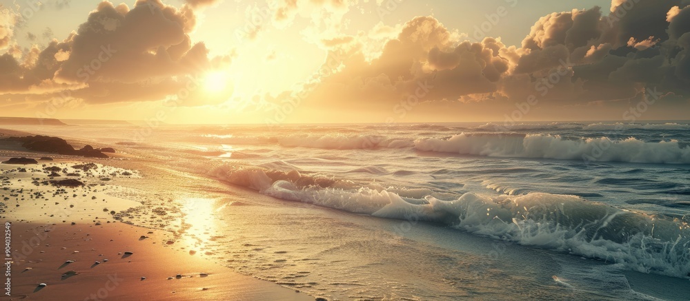Poster Beach setting during a cloudy dawn with a sun rising offering ample copy space image