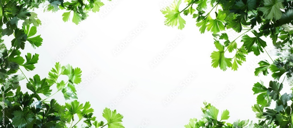 Poster parsley leaves in vibrant green shade with copy space image against a white background