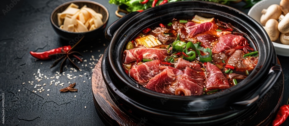 Poster Chinese hot pot with beef slices against a blank background creating copy space image