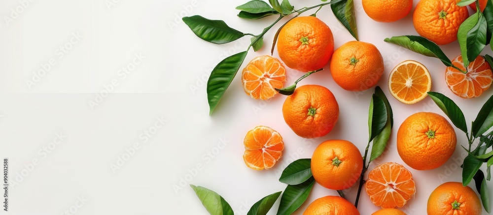 Poster a vibrant selection of ripe tangerines with copy space image on a white background