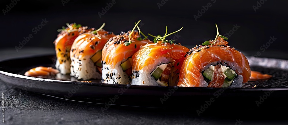 Poster salmon sushi roll placed on a sleek black plate with ample copy space image for presentation