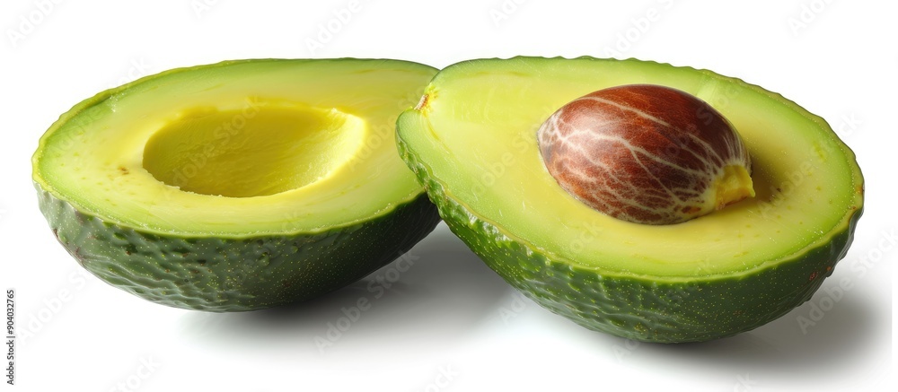 Poster Avocado cut in half showcased on a white background with a clipping path for a clear copy space image