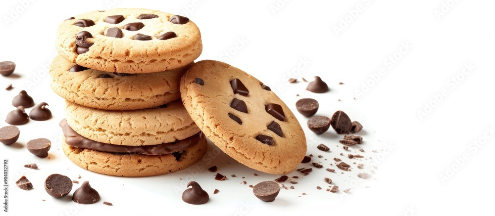 Poster delicious homemade cookies with chocolate and custard filling isolated on a white background with co