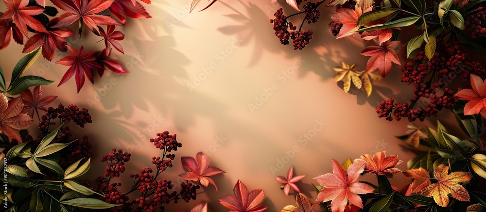 Poster A detailed view showing flowers and fresh maple leaves against a backdrop of a blank space for image placement. . image with copy space