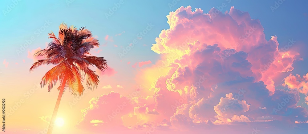 Aufkleber Sunrise silhouette of a sugar palm tree with clouds creates a beautiful color effect in the sky ideal for a copy space image