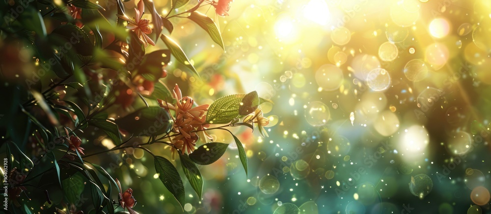 Poster bokeh adds soft focus to a nature inspired background with plants and flowers providing a blurred ef