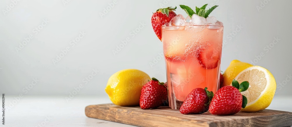 Poster A wooden board topped with a glass of strawberry lemonade set against a white backdrop creating a picturesque composition for a copy space image