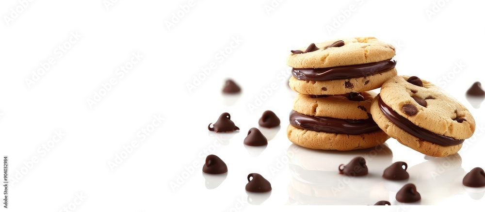 Poster delicious homemade cookies with chocolate and custard filling isolated on a white background with co