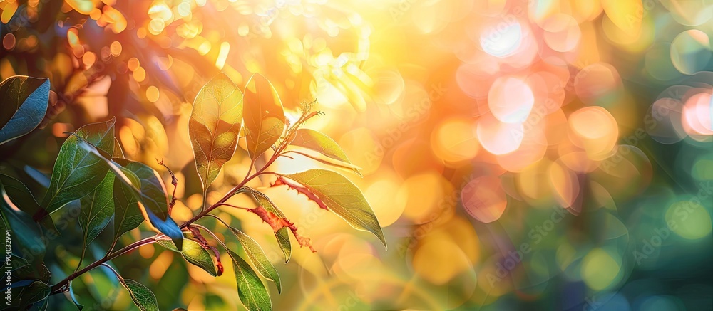 Poster Sunlight filtering through blurred colorful backgrounds creates a natural summer themed image with copy space for holiday ideas or eco friendly concepts