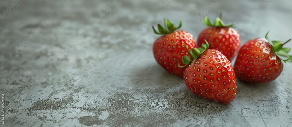 Poster three luscious strawberries on a blank surface with copy space image