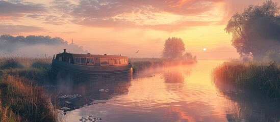 A serene sunrise scene featuring a houseboat barge peacefully navigating an Irish canal with a scenic view and plenty of copy space image for text or graphics
