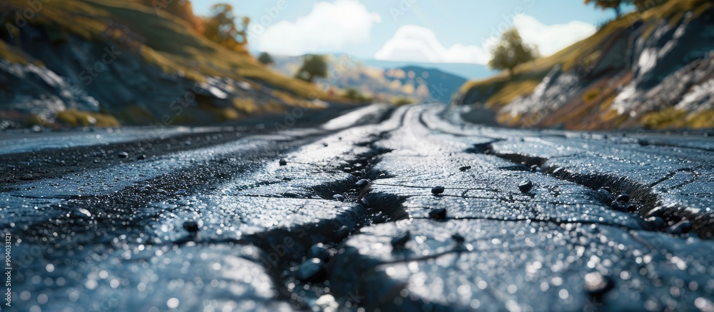 Poster after road repair you can see heaps of aged asphalt with ample copy space in the image