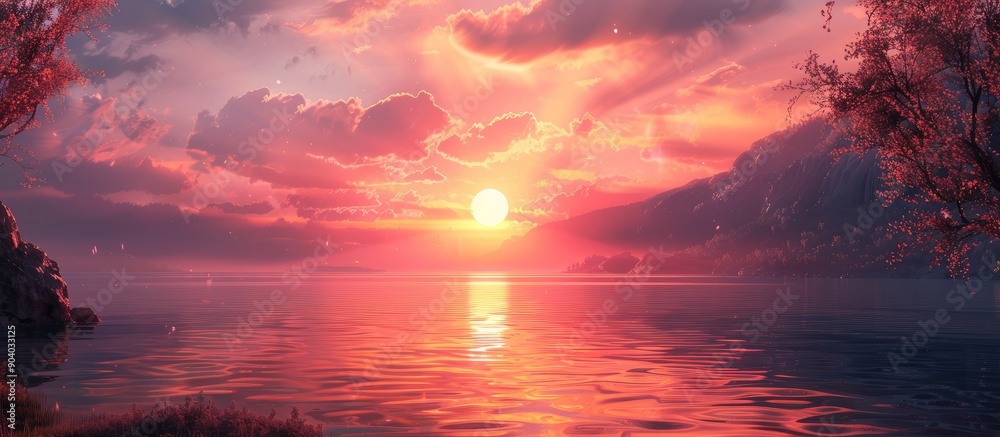 Poster the stunning sunset scene with a captivating sky and a peaceful ambiance ideal as a background for a