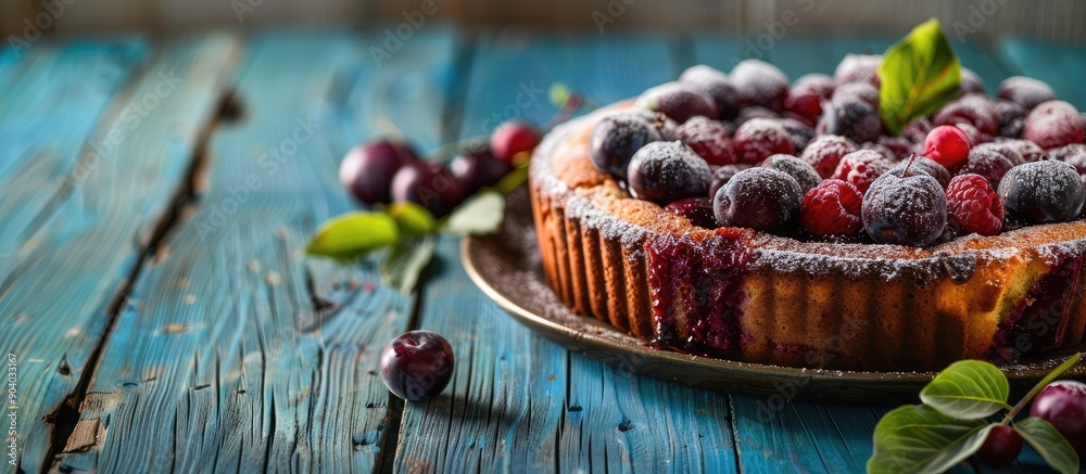 Aufkleber Plum cake in a rustic setting with a blue wood background perfect for a copy space image