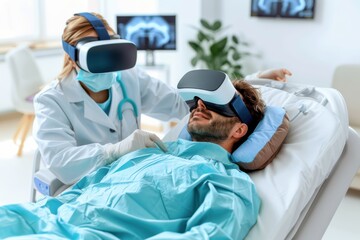 A healthcare professional is using a VR headset to assist a patient in a medical setting, demonstrating the intersection of advanced technology and modern healthcare solutions.
