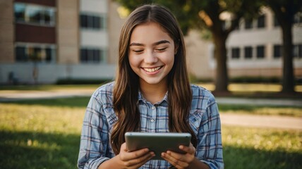 A smiling young girl of mixed ethnicity enjoying her tablet outdoors on a sunny day.
