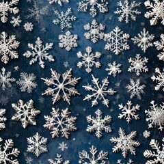 A mesmerizing collection of intricate white snowflakes on a deep blue background, creating a serene winter wonderland effect.